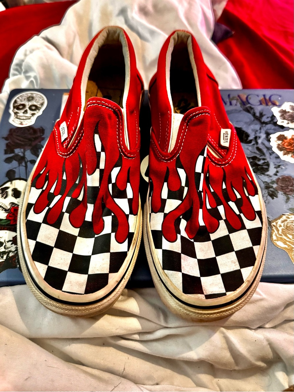 Vans Classic Slip-On Checkerboard Flame Shoes/ “Blood Drips” Sz. 7W